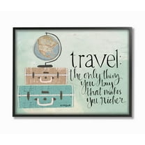 The Stupell Home Decor Aqua Blue Travel Makes You Richer Suitcases and Globe Drawing