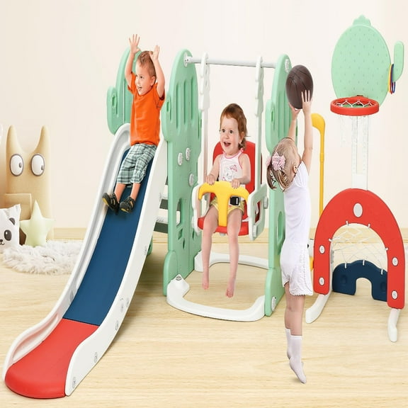 TROPOW Ronipic 7 In 1Toddler Slide and Swing Set, Indoor and Outdoor Kid Slide for Toddlers Age 1-3, Large Playground With Slide, Basketball, Soccer, Golf, Ring Toss, Climbing, Swing,Green