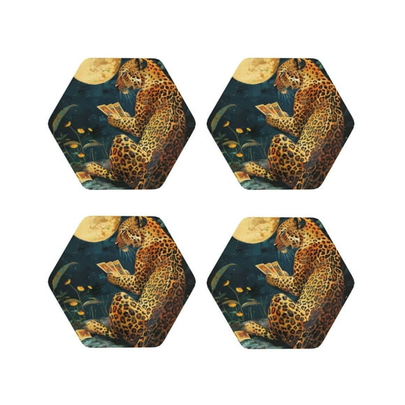 Cauagu Leopard Reading Tarot Cards for Coasters for Drinks Leather Coasters Set of 4 for Coffee Table for Housewarming Kitchen Bar Decor-Hexagon
