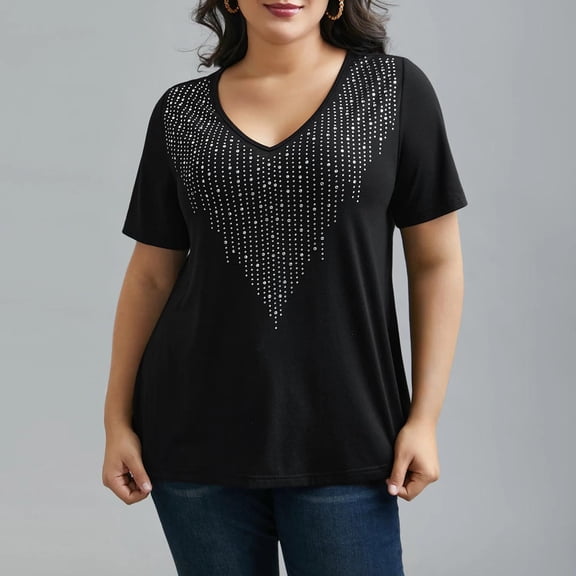 PNTUTB Plus Size Women's Fashion Solid Color Rhinestone Casual V Neck Short Sleeve Pullover Loose T Shirts