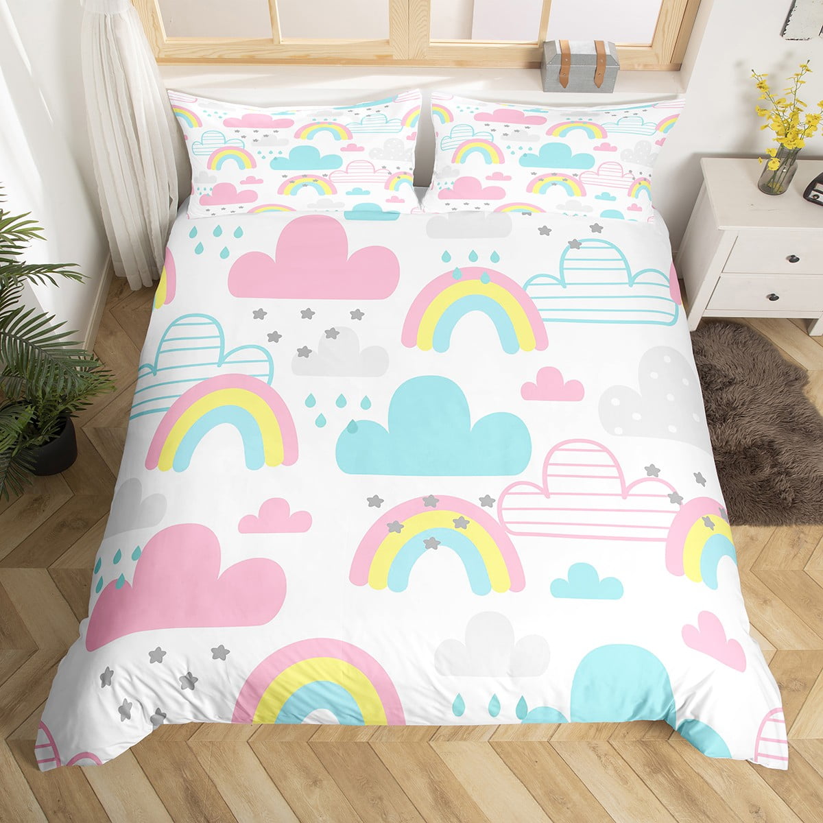 Yst Pastel Rainbow King Bedding Sets For Girls Cute Hand Drawn Clouds And Stars Duvet Cover Pink Blue Yellow Unicorn Comforter Cover Cartoon Soft Ligh