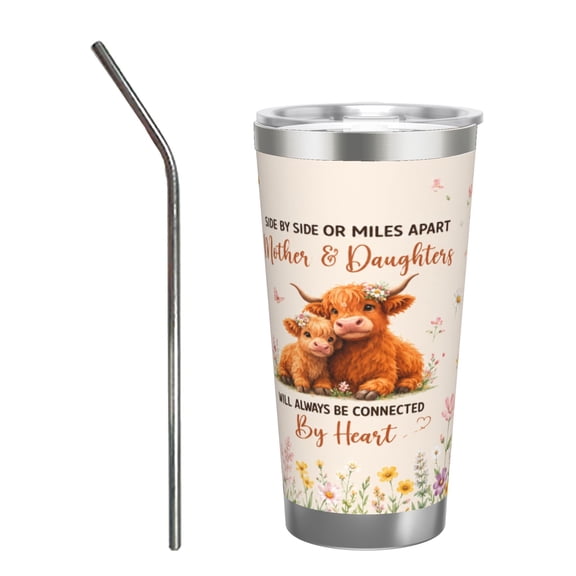 20oz Mother and Daughter Highland Cow Tumbler with Handle and Straw Floral Coffee Travel Cup Gift with Stainless Steel Straw