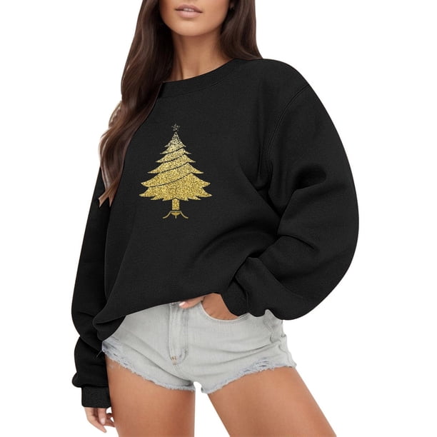 Gibobby Sudaderas para mujer navidad Sudadera con capucha de manga larga con estampado de oro de imitación para mujer(Negro,M)