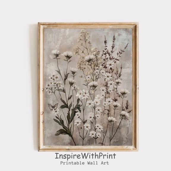 Vintage Wildflower Poster, Moody White Flower Art Neutral Natural Wall Art, Antique Floral Poster, Farmhouse Cottage Core Art Poster Home Decor, 8x12 UNFRAMED