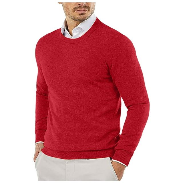 LUOGENLI Chandail Sans Manches pour Homme Automne et Hiver Lisse Confortable Léger Drapé Peau Douce Texturé Coupe Ajustée Col Rond Manches Longues Chandail pour Homme Chemise Manches Courtes Rouge Melon D\'eau Taille g