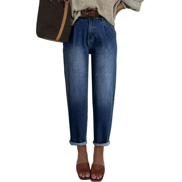 Jeans elegantes, holgados, cintura alta, novio, azul marino, para mujer