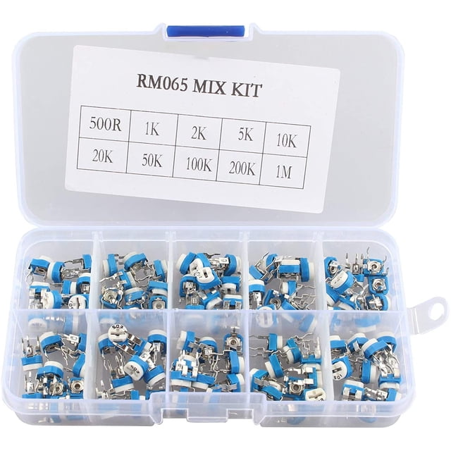 100 piezas 10 valores resistencia Variable potenciómetro recortador ajustable reóstato con caja de plástico 500 Ohm-1 Mt