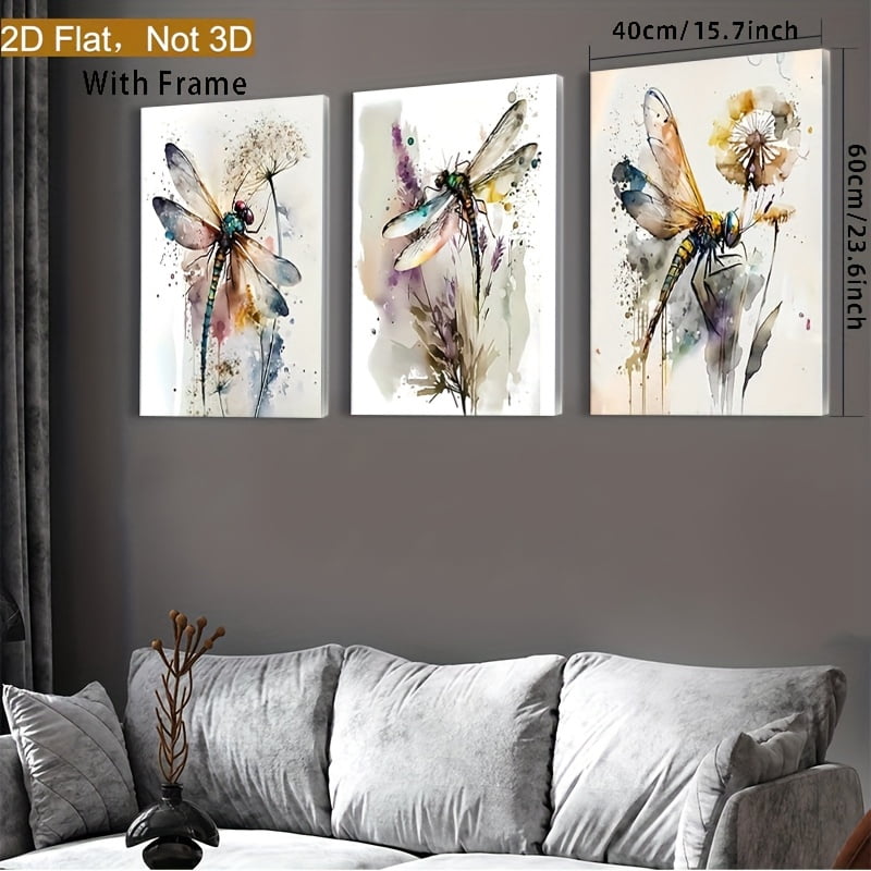Framed 2D Flat Wall Art Featuring Three Colorful Dragonflies, Insect Prints, Watercolor Dragonfly Paintings, And Floral Images, Perfect for Decorating Bathroom And Living Room Walls