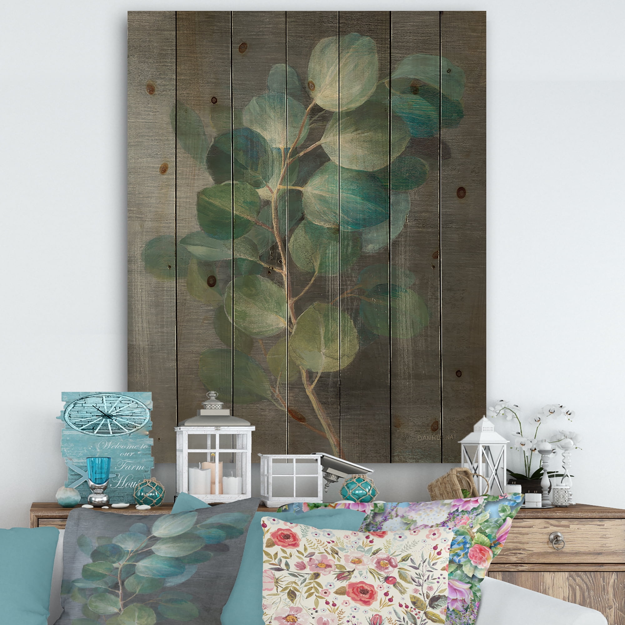 Designart 'Abstract Fresh leaves I' Traditional Print on Natural Pine Wood