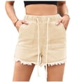 thumbnail image 2 of Bloomae Denim Shorts for Women Casual Drawstring Stretchy Elastic High Waist Comfy Short Jeans Lightweight Frayed Hem Summer Hot Pants with Pockets Khaki S, 2 of 6