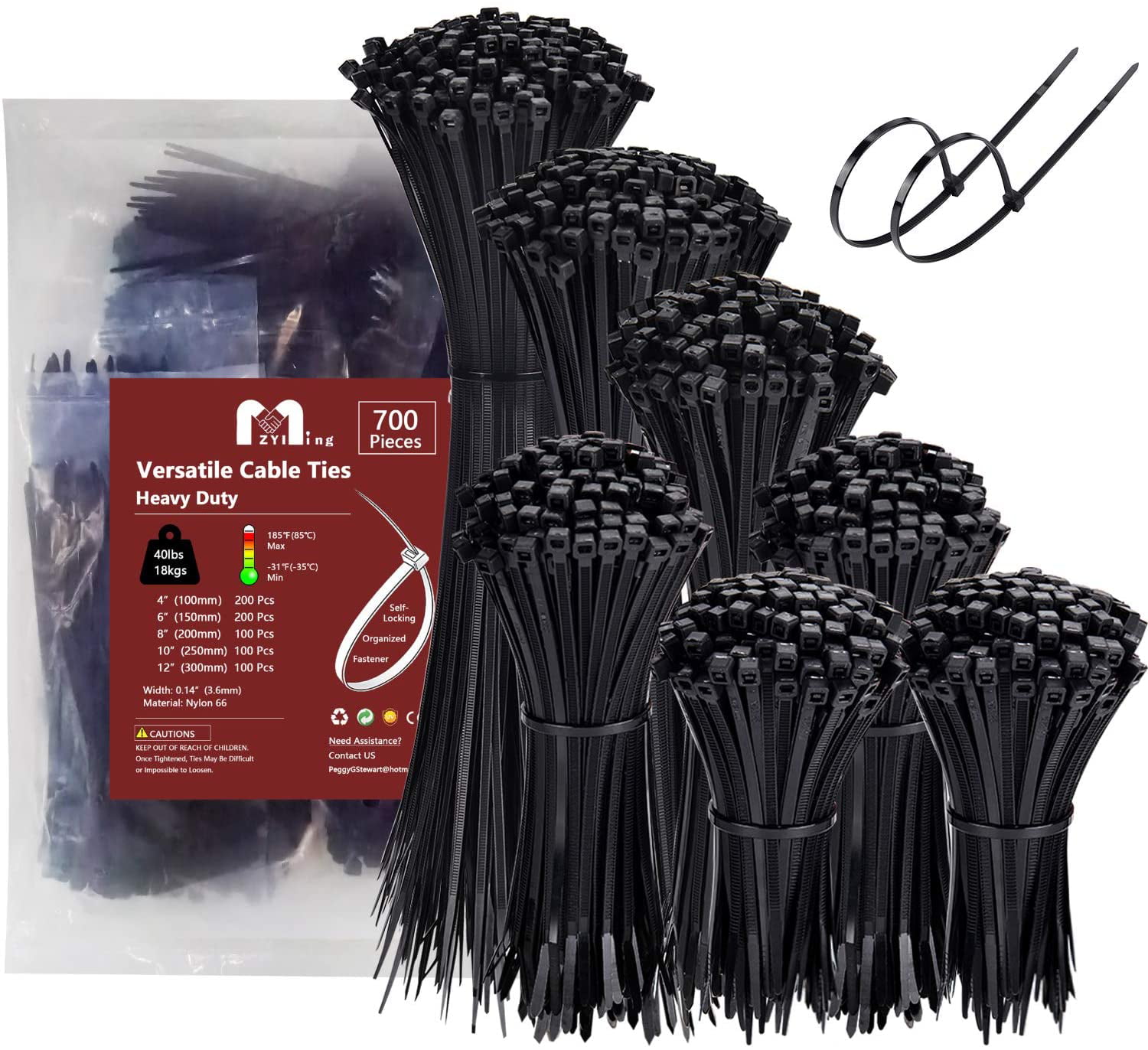 200 Strong Black Plastic Cable Ties Wraps Organizer Zip Straps Size 4.8 x 300mm 