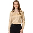 thumbnail image 1 of Allegra K Blusa De Satén Con Cuello En V Para Mujer, Manga Larga, Con Botones, Para Trabajo Y Oficina Marrón dorado M, 1 of 4