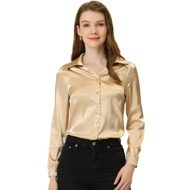 Allegra K Blusa De Satén Con Cuello En V Para Mujer, Manga Larga, Con Botones, Para Trabajo Y Oficina Marrón dorado S