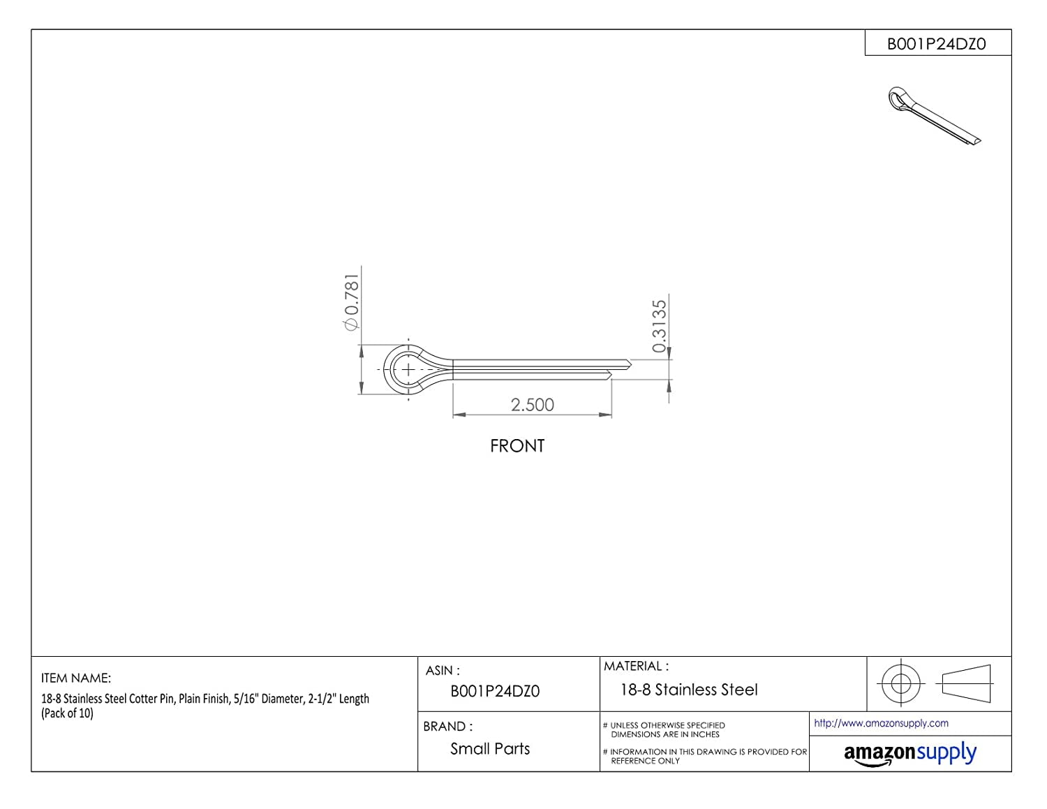 Pack 18-8 Stainless Steel Cotter Pin 5/64" Diameter 1" Length Plain Finish 