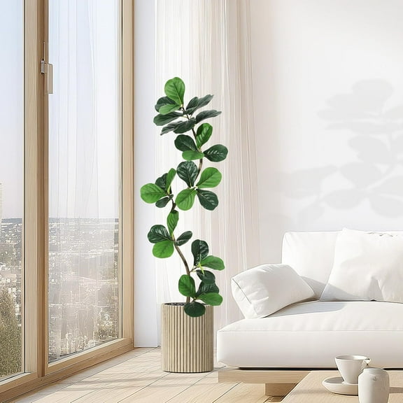 5ft Fiddle Leaf Fig Artificial Tree, Fake Rubber Tall Fake Floor Plant in Pot, Faux Plants Indoor with Moss, for Home Office Living Room Decor, with White Planter