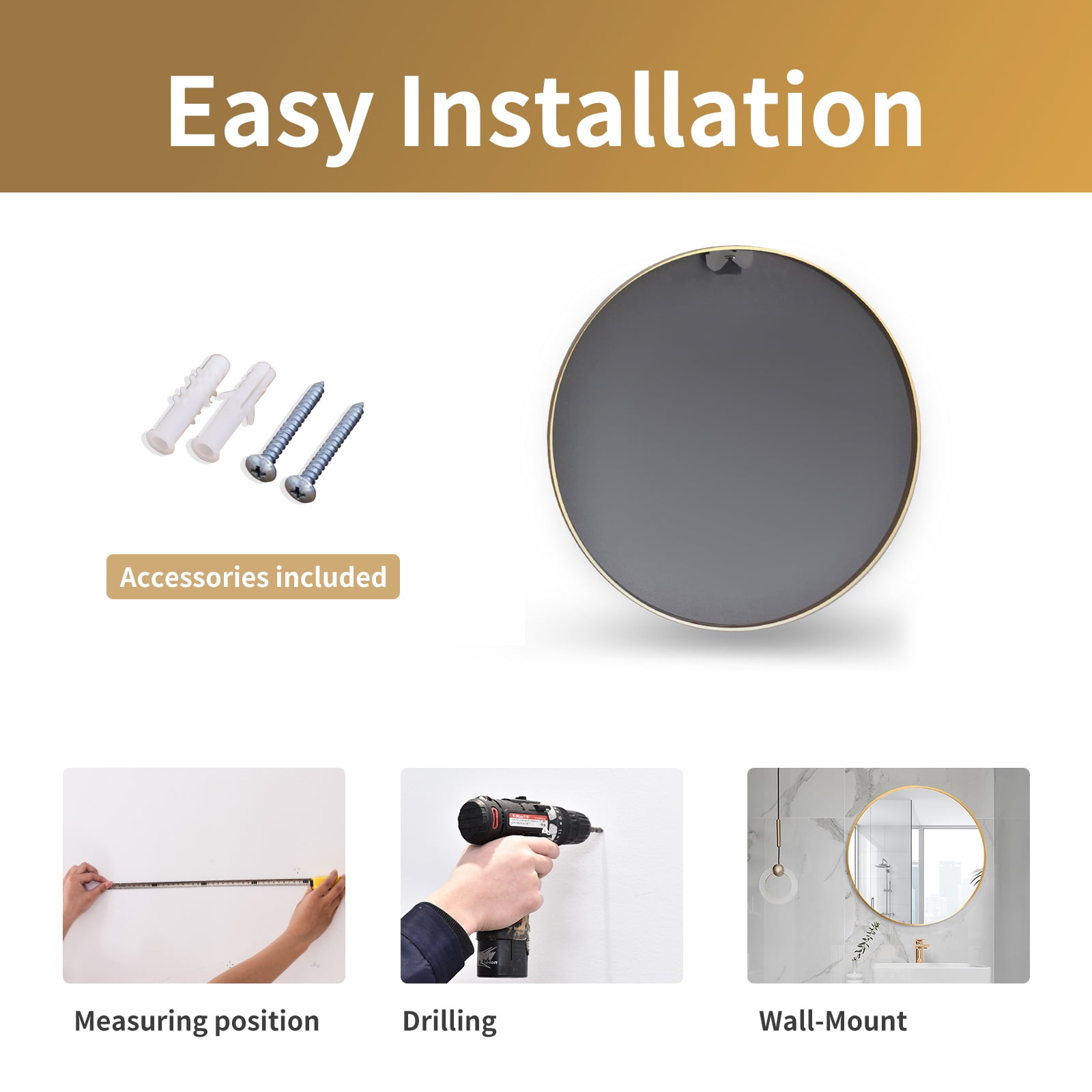 BEAUTYPEAK 24" Bathroom Mirror Wall Mirror Classic Round Mirror Hanging Leaning, Black