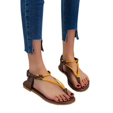 

Women Shoes Ladies Fashion Roman Style Leather Herringbone Buckle Casual Flat Sandals Yellow 9