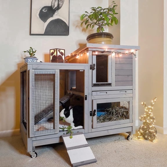 Aivituvin Wooden Bunny Hutch Indoor& Outdoor Rabbit Hutch Guinea Pig Cage for Small Animals with Trays (Grey)