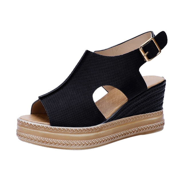 Kcodviy Ladies Solid Color Hollow Womens Comfort Sandals Out Leather Open Toe Arch Support Sandals for Women Buckle Wedge Heel Sandals