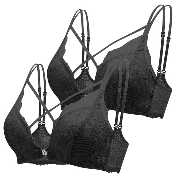YWDJ Lounge Bras for Women Comfort 2 Pack Front Close Comfy Bras Size Small No Underwire Lounge Bras Spaghetti Straps Half Cup Push up Wrap Comfortable Bras Padded Lace Bras Solid Bras Black S