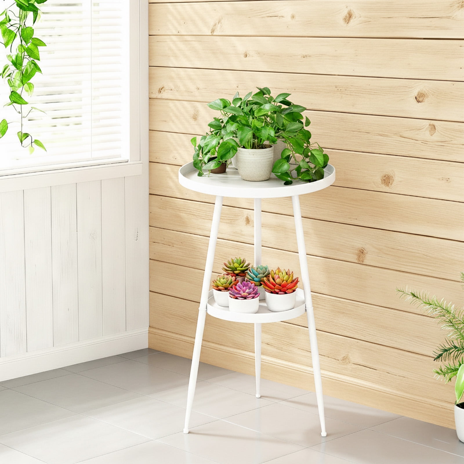 PinkSheep Round End Table Small Side Table Accent Table with Storage for Living Room Bedroom, 2 Tier Metal Plant Stands Pots Holder for Indoors, White