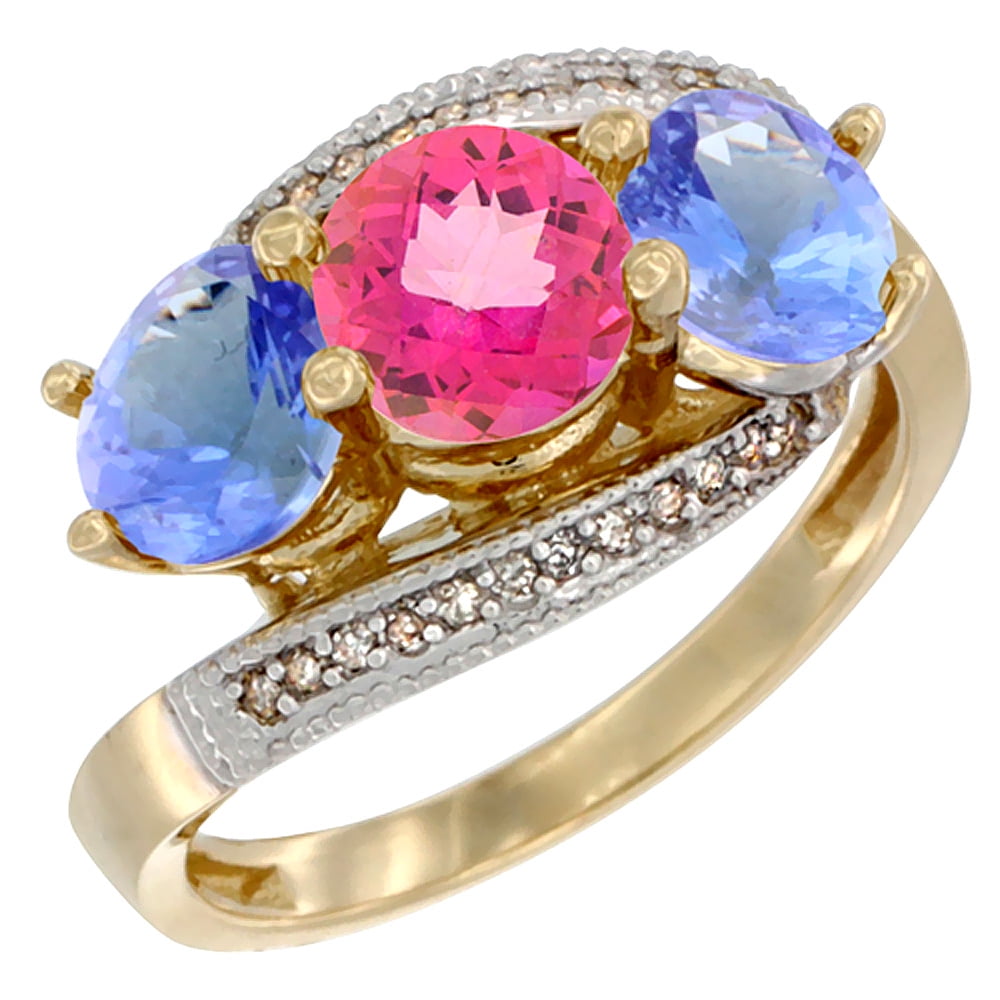 14K Yellow Gold Natural Pink Topaz & Tanzanite Sides 3 stone Ring Round 6mm Diamond Accent, size 5.5 by Gabriella Gold