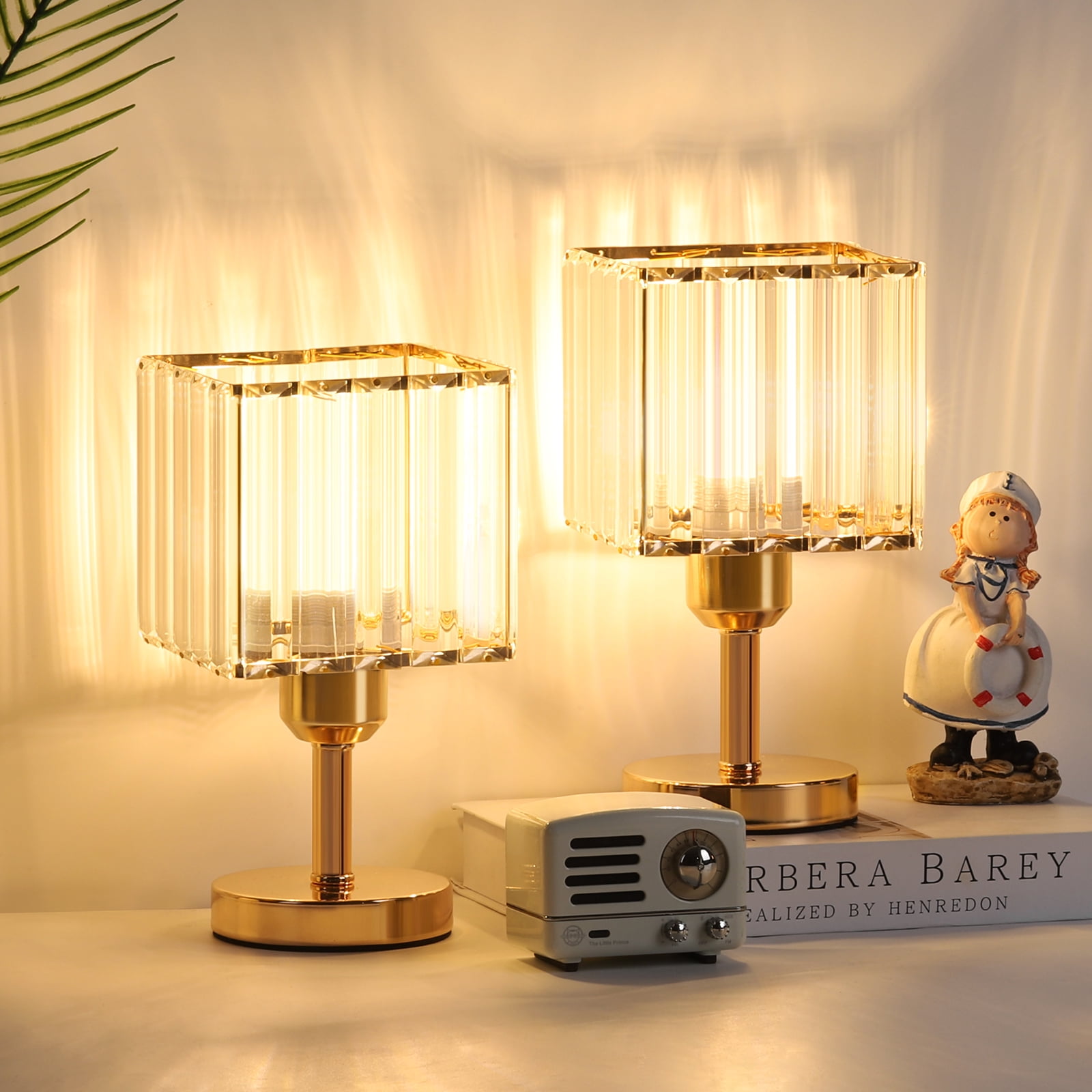 Modern Crystal Lamp Square Shade Gold Bedside Lamp Set of 2