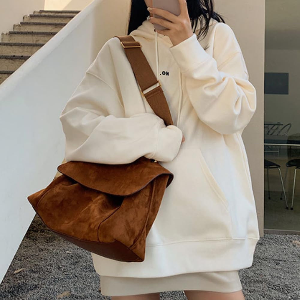 Municipal Suede Tote Bag Retro Work Bag Suede Shoulder Bag Crossbody Purse for Women Office Tote Handbag