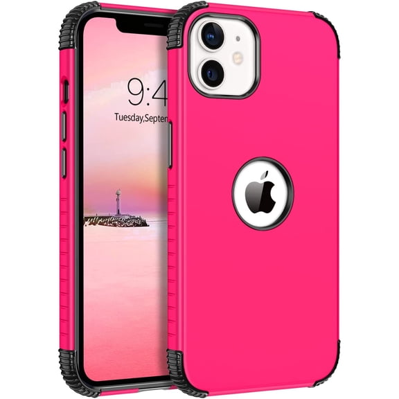 for iPhone 12 Case, Phone Case iPhone 12 Pro, Heavy Duty 2 in 1 Full Rugged Shockproof Protection Hybrid Hard PC Bumper Drop Protective Girls Women Boy Cover, Hot Pink