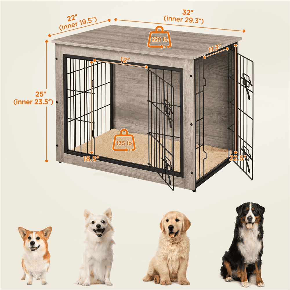 Alden Design 32" W Rustic Industrial Dog Crate with Anti-Skid Plush Mat For Medium-Sized Dogs, Gray