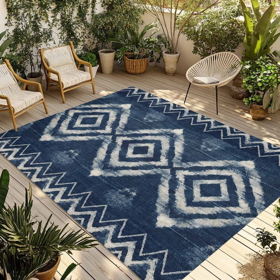 Navy Blue Outdoor Rug for Patio/Deck/Porch, Non-Slip Large Area Rug 3 x 5 Ft, Vintage Tribal Abstract Geometric Tie Dye Art Indoor Outdoor Rugs Washable Area Rugs, Camping Rug Carpet Runner