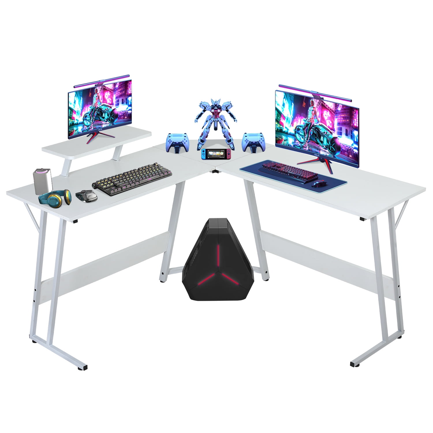 CL.HPAHKL L Shaped Gaming Desk, Corner Computer Desk with Large Desktop PC Gaming Desk Table with Large Monitor Riser Stand 50 Inch Computer Table Desk for Home Office Gaming Writing Study, White