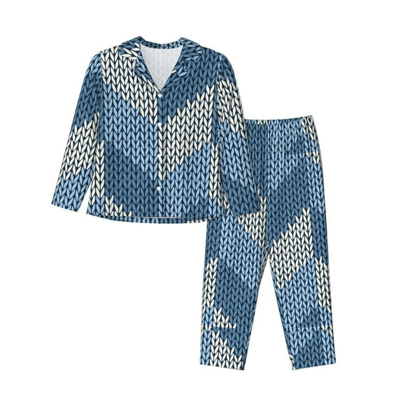 Saiise Cozy Knitted Blue Chevron Print Women Soft Pajama Sets,Long Sleeve Sleepwear Button Up 2-Piece Pjs Lounge Sets-Small