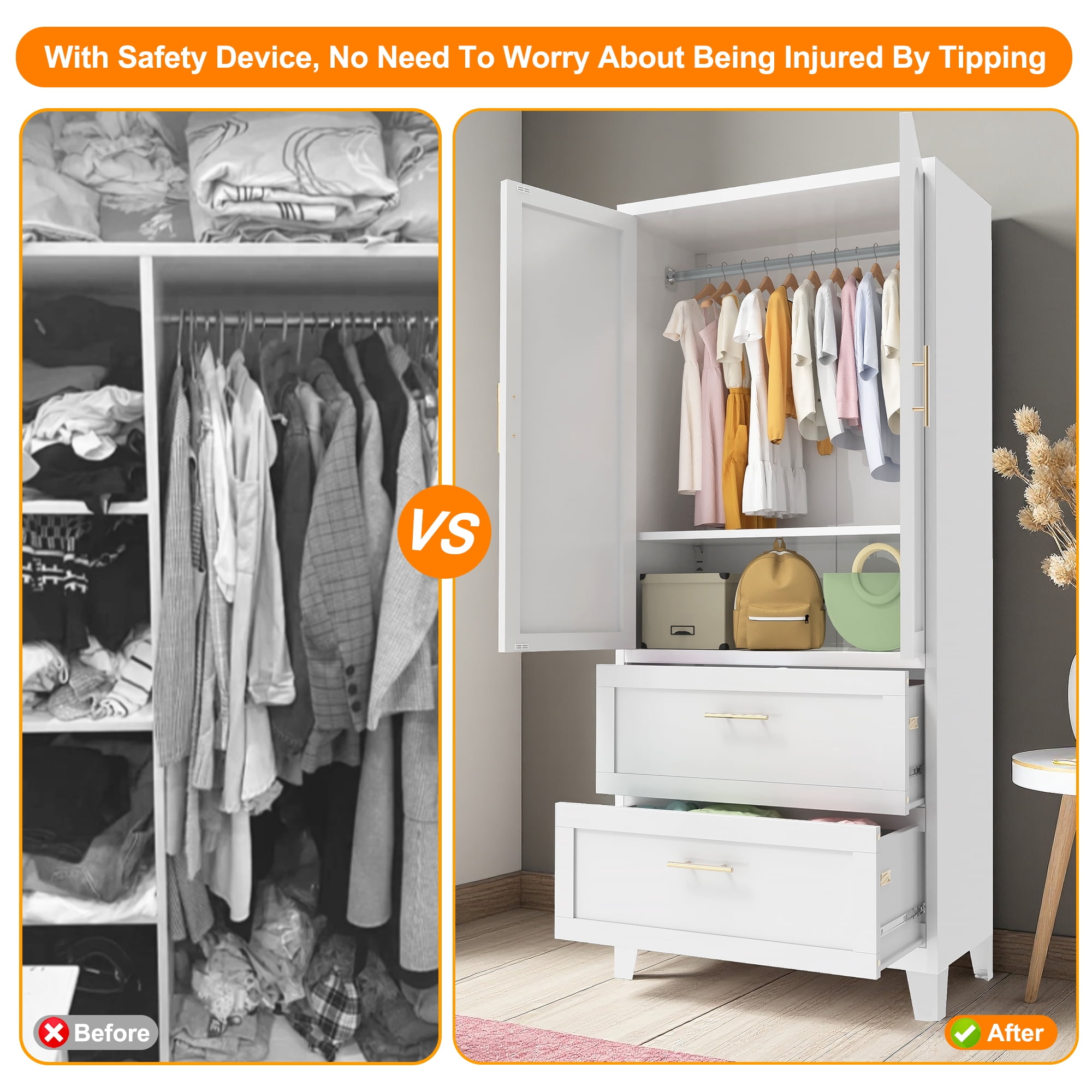 ShiKeyi 70" Tall Metal Wardrobe Cabinet with 1 Drawer and Hanging Rod, 2 Doors Wardrobe Closet with Shelf for Bedroom, White