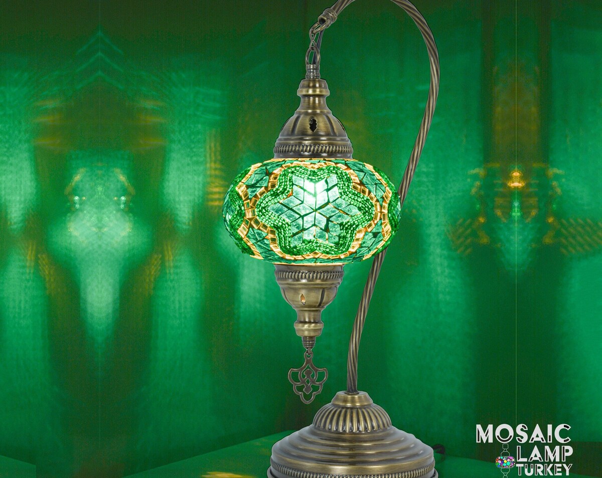 Emerald Green Turkish Swan Neck Table Lamp, Bohemian Style Mosaic Desk