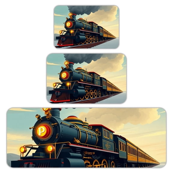 RKSupls Kitchen Rug Set 3 Piece Anti-Slip Flannel Floor Mats, Steam Train Retro Washable Absorbent Runner Mats for Kitchen Bathroom Home Decor