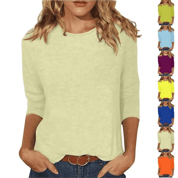 Womens Casual 3/4 Sleeve T Shirts Crew Neck Loose Fit Tunic Tops Solid Basic Tops Tees Beige 2XL