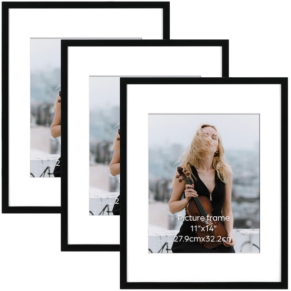 11x14 Picture Frame Set of 3, Black Frame for 11x14 without Mat or 8x10 with Mat