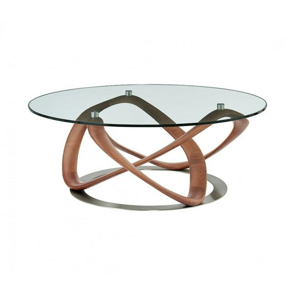 39" Walnut And Clear Glass Abstract Round Coffee Table