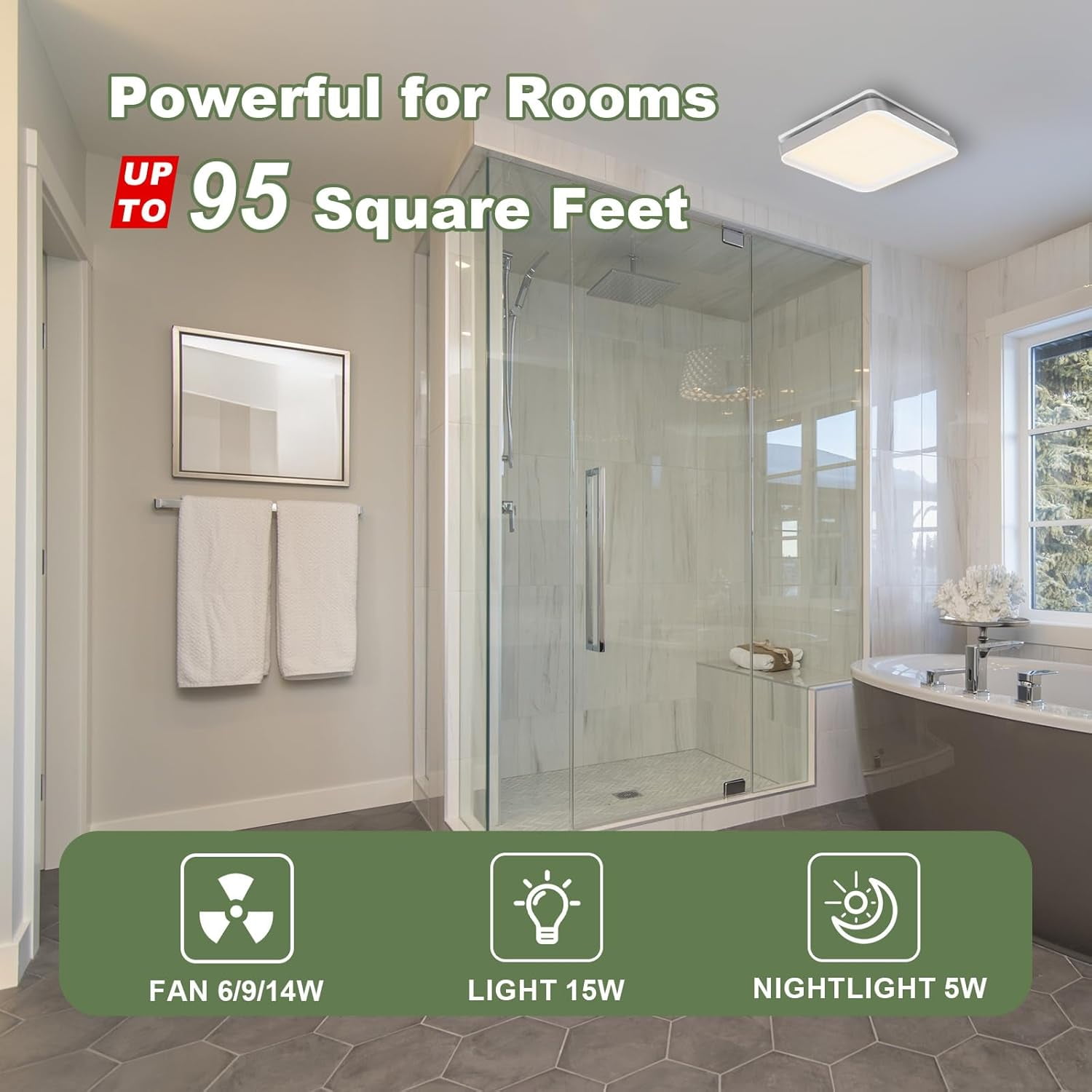 Akicon Exhaust Fan with Shower Light, DC Ultra-Quiet and Energy-Saving Bathroom Fan with Light, 50-80-100 CFM, 15W Dimmable 3CCT LED Light with 7W 2-Color Night Light Ventilation Fan, Square, Silver