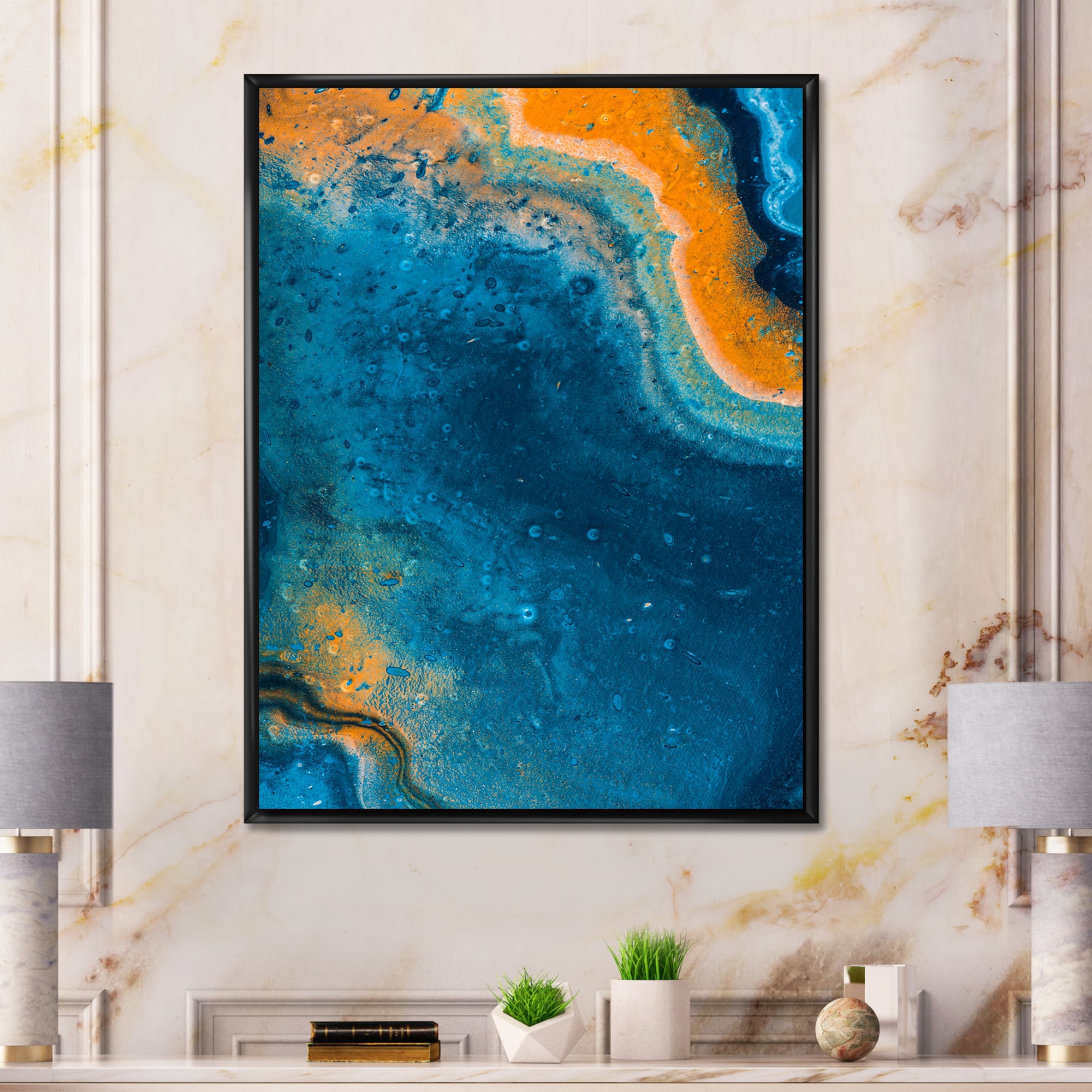 Designart 'Abstract Marble Composition In Orange and Blue V' Modern Framed Canvas Wall Art Print
