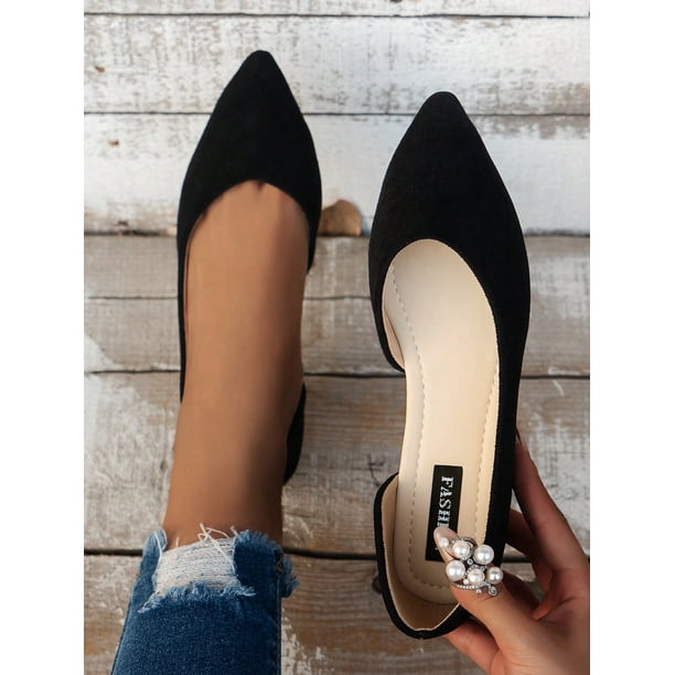 New Fashionable Women's Black Hollow Out Flat Shoes With Pointed Toe, Comfortable And Slip-Resistant For Walking And Strolling