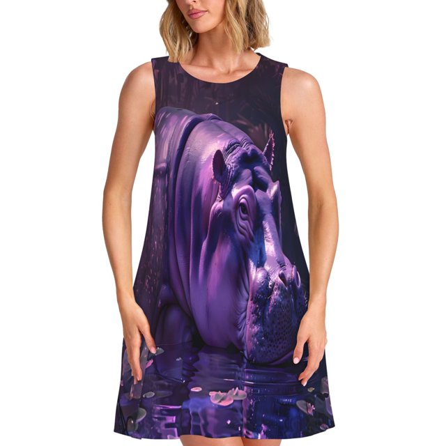 Easygdp Purple Hippo In Water para Vestido Transpirable de Mujer, Vestido Suelto de Manga Corta con Pliegues y Bolsillos para el Verano