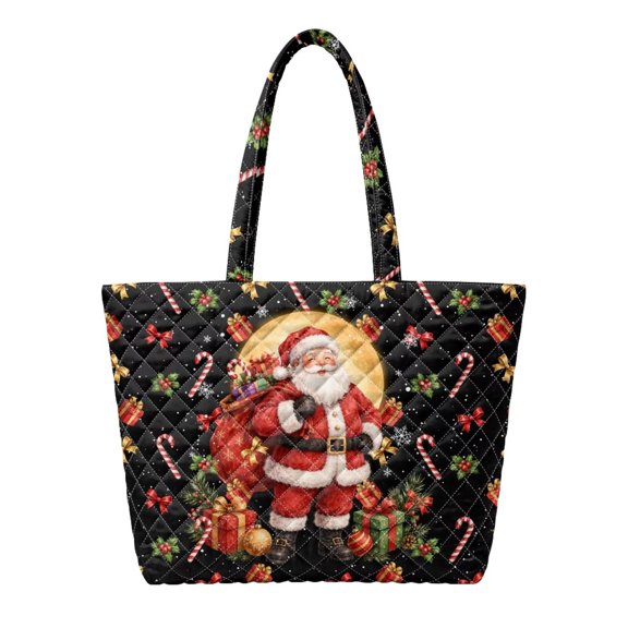 Aplkyhs Black Santa Print Padded Shoulder Tote, Zipper Closure Festive Quilted Handbag for Christmas Gift Giving, Holiday Shopping, Winter Travel and Daily Commute Use