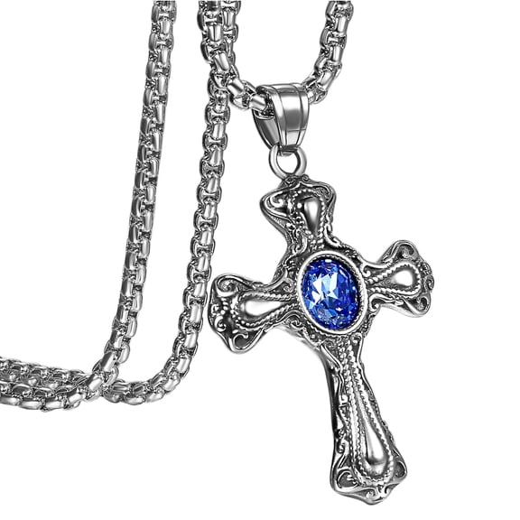 Avaner Vintage Cross Necklace for Men,22" Stainless Steel Necklace Pendant with Sapphire