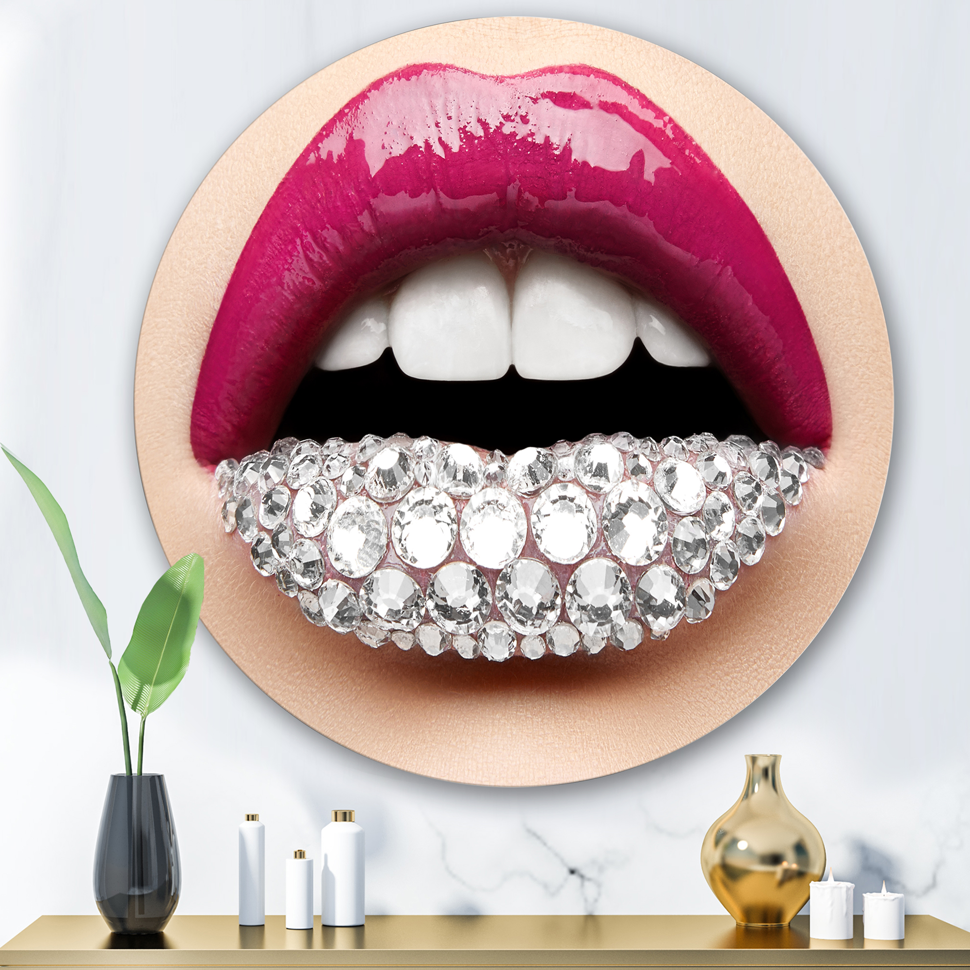 Designart 'Girl Lips With Pink Lipstick White Diamonds' Modern Circle Metal Wall Art 29x29 - Disc of 29