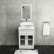FULLWATT 24" Modern Wood Bathroom Vanity with Ceramic Vessel Sink Bowl Faucet and Mirror,White