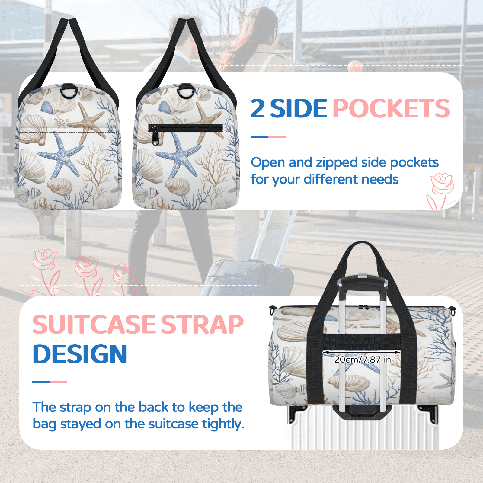 Herdesigns Nautical Coastal Gym Bag for Women, Ocean Beach Seashell Starfish Themed Duffle Bag for Travel Sport, Lightweight Waterproof Carry on Weekender Overnight Dance Yoga Workout Bags