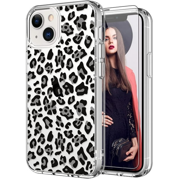 ICEDIO iPhone 13 Case with Screen Protector,Slim Fit Crystal Clear Cover with Fashionable Designs for Girls Women,Protective Phone Case for iPhone 13 6.1" Leopard Patterns