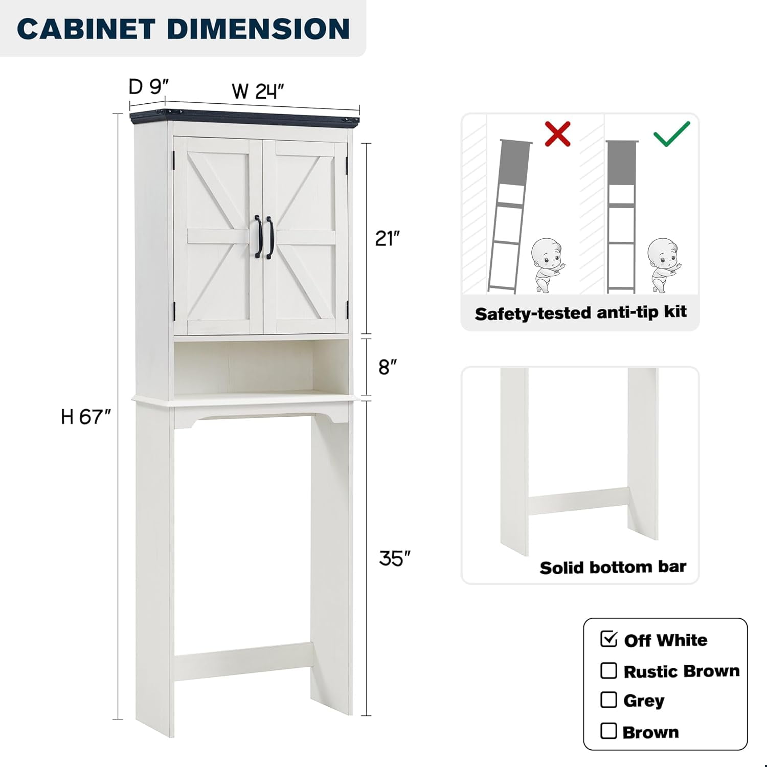 ZYPPP Over The Toilet Storage Cabinet, Farmhouse Bathroom Cabinet with Adjustable Shelf & Barn Door, 67" Tall Over The Toilet Shelf, Off White